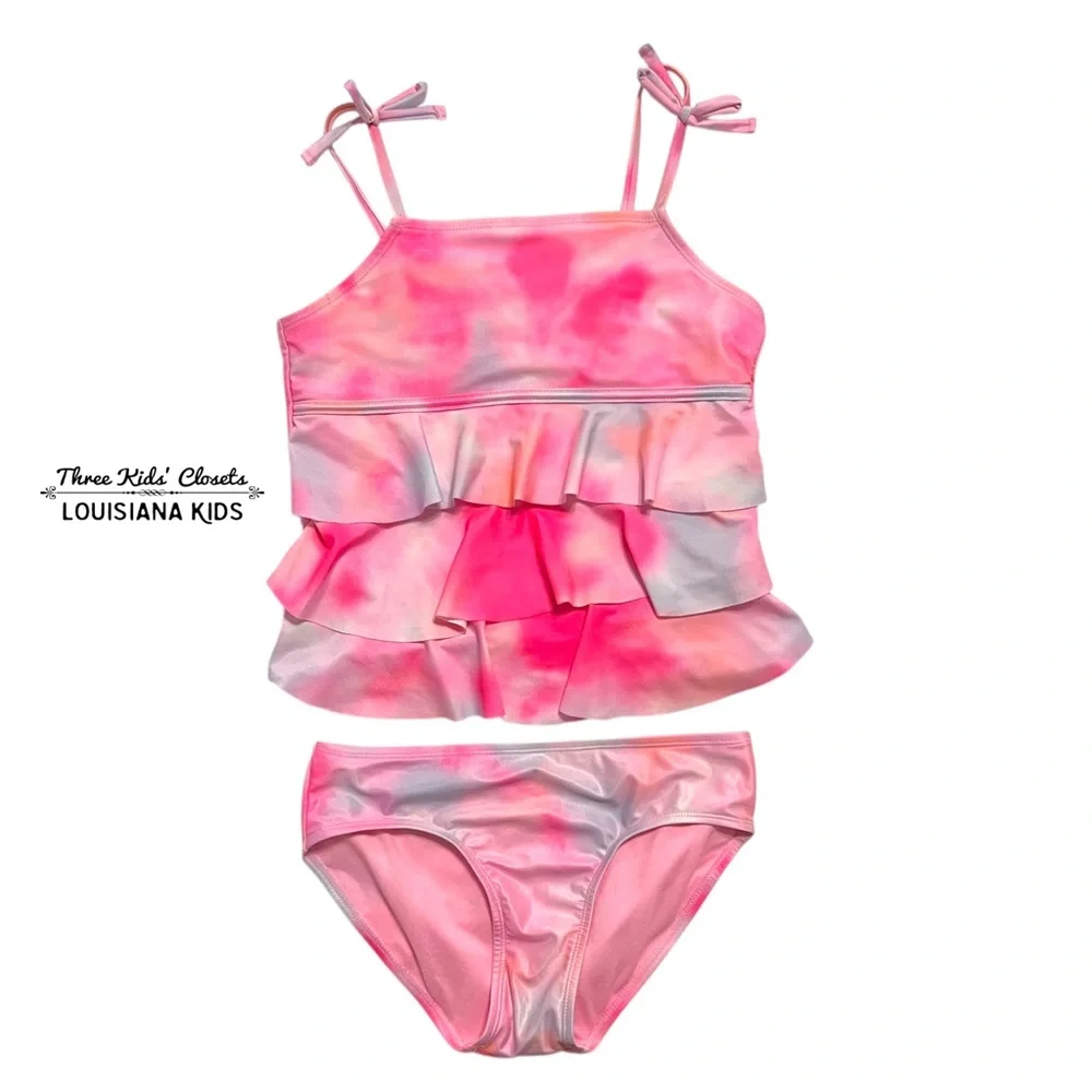 Justice Girls L (12/14) Pink Tie Dye Ruffle Tankini Swimsuit